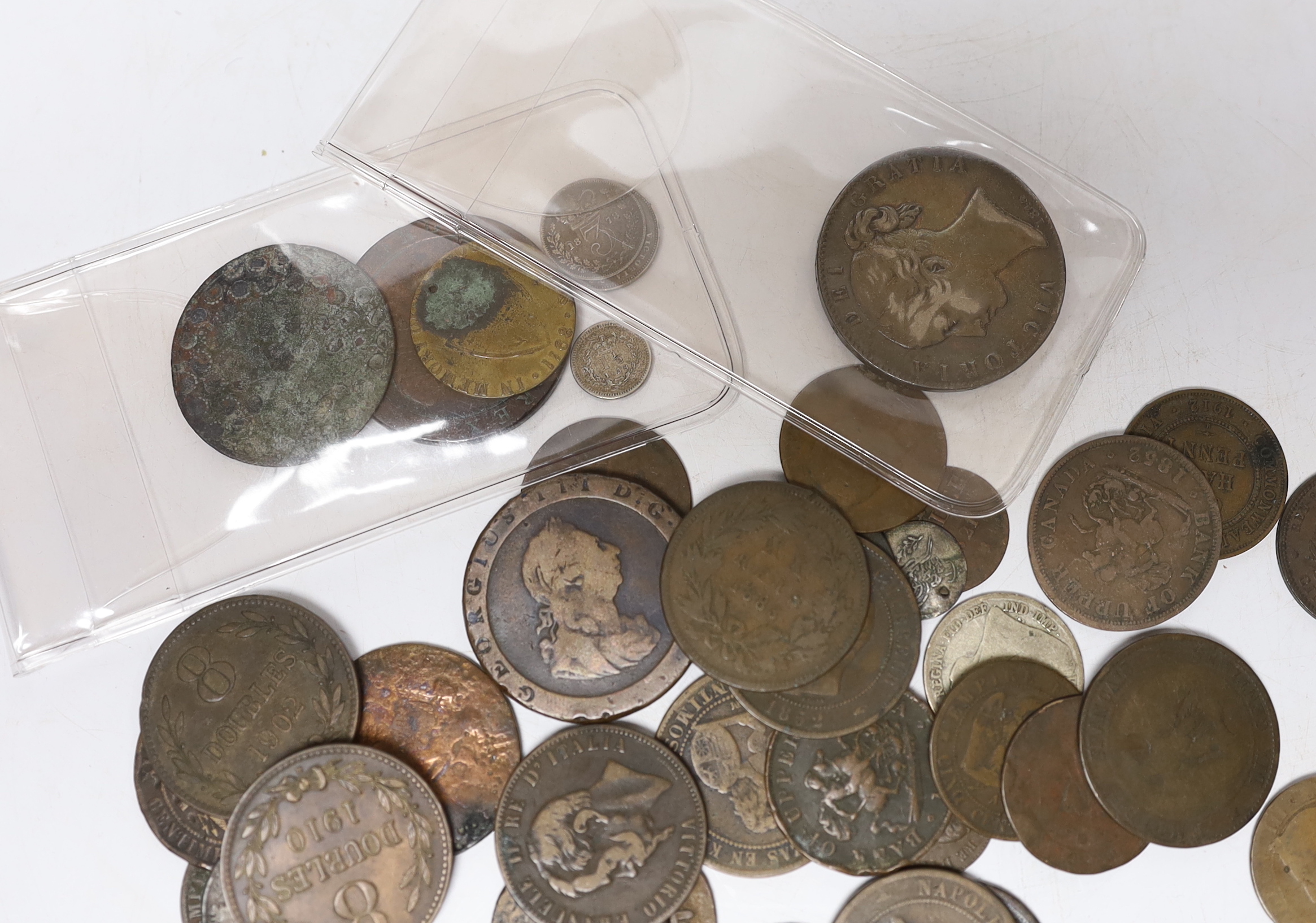 A group of 18th/19th British, France, Canada etc. century coins including Victoria Crown 1844, F or better, US Civil War token 1863 etc.